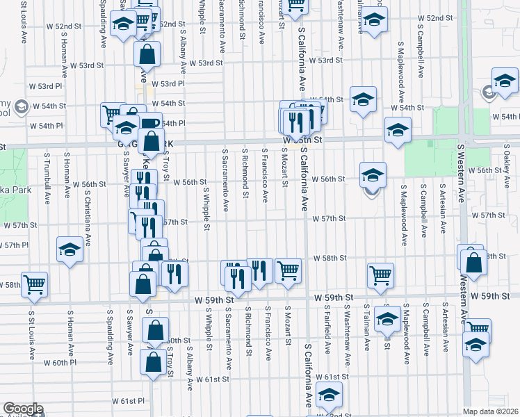 map of restaurants, bars, coffee shops, grocery stores, and more near 5701 South Francisco Avenue in Chicago
