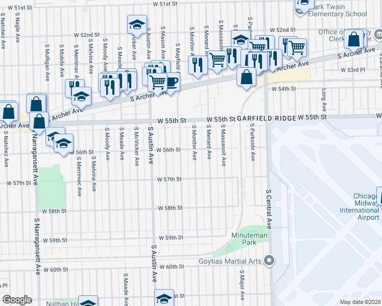 map of restaurants, bars, coffee shops, grocery stores, and more near 5623 South Monitor Avenue in Chicago