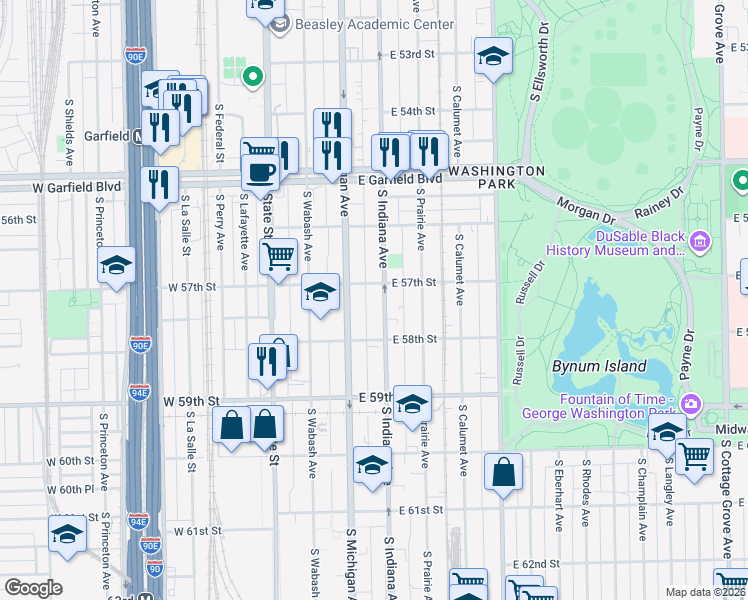 map of restaurants, bars, coffee shops, grocery stores, and more near 5734 South Indiana Avenue in Chicago