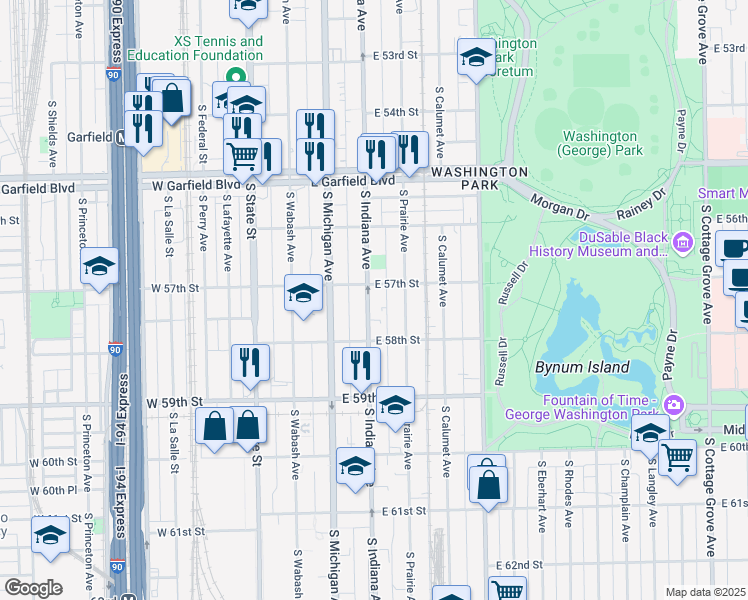 map of restaurants, bars, coffee shops, grocery stores, and more near 5734 South Indiana Avenue in Chicago