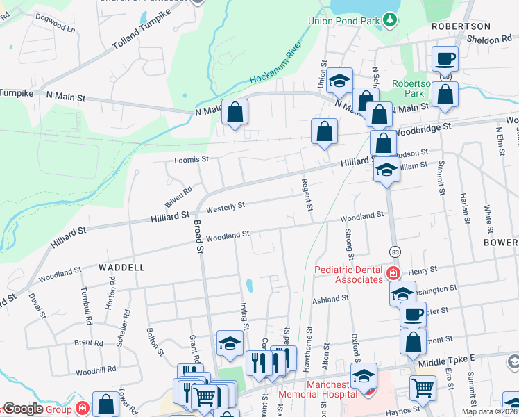 map of restaurants, bars, coffee shops, grocery stores, and more near 66 Westerly Street in Manchester