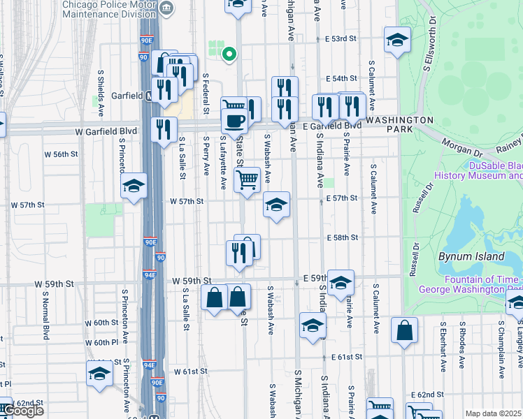 map of restaurants, bars, coffee shops, grocery stores, and more near 5714 South Wabash Avenue in Chicago