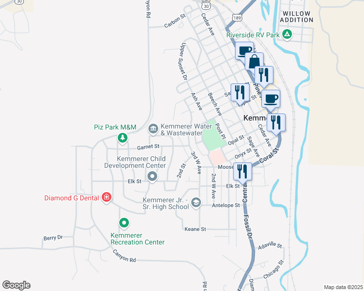 map of restaurants, bars, coffee shops, grocery stores, and more near 1019 3rd West Avenue in Kemmerer