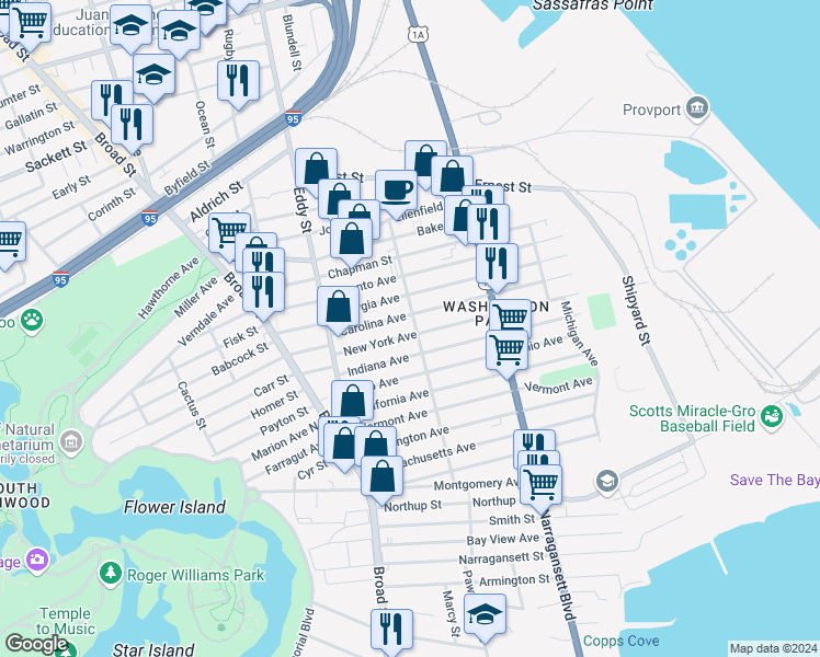 map of restaurants, bars, coffee shops, grocery stores, and more near 245 Indiana Avenue in Providence