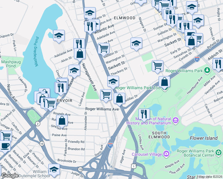map of restaurants, bars, coffee shops, grocery stores, and more near 18 Belden Street in Providence