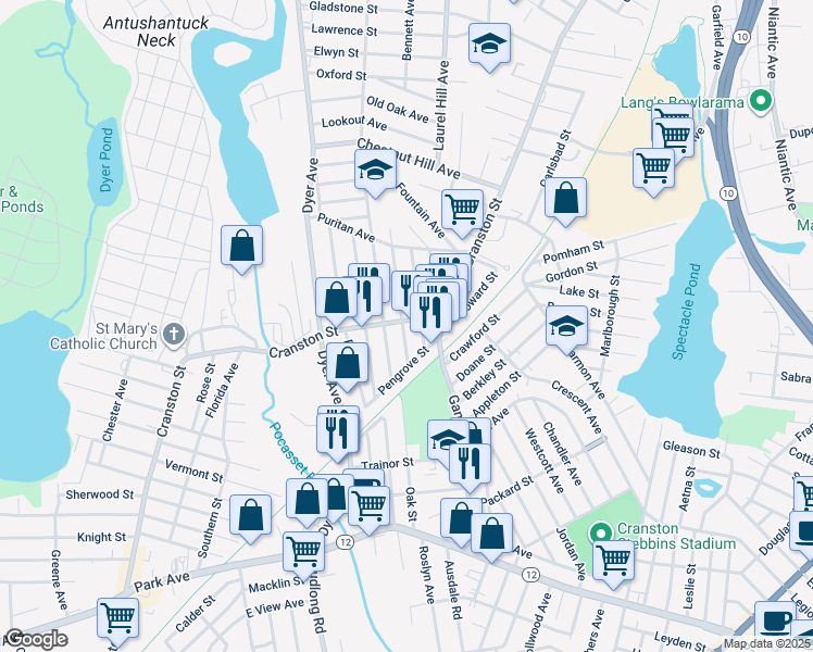 map of restaurants, bars, coffee shops, grocery stores, and more near 18 Cleveland Avenue in Cranston