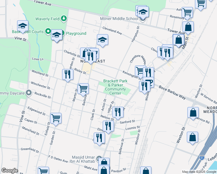 map of restaurants, bars, coffee shops, grocery stores, and more near 62 Westland Street in Hartford
