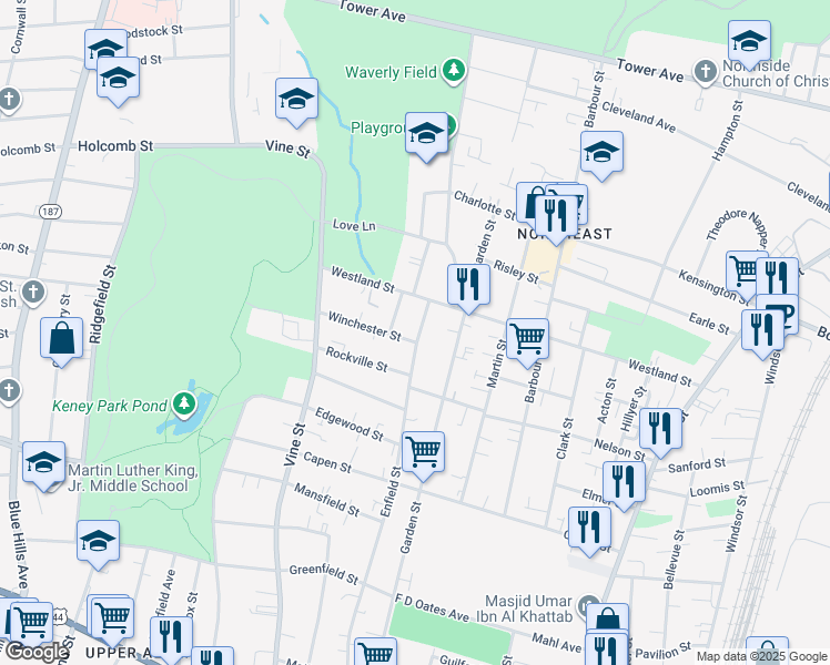 map of restaurants, bars, coffee shops, grocery stores, and more near 280 Enfield Street in Hartford