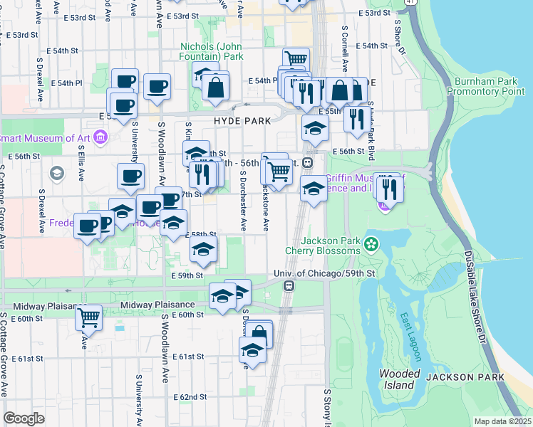 map of restaurants, bars, coffee shops, grocery stores, and more near 5748 South Harper Avenue in Chicago