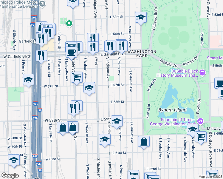 map of restaurants, bars, coffee shops, grocery stores, and more near 5734 South Indiana Avenue in Chicago