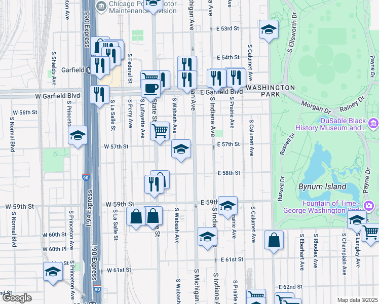 map of restaurants, bars, coffee shops, grocery stores, and more near 5726 South Michigan Avenue in Chicago