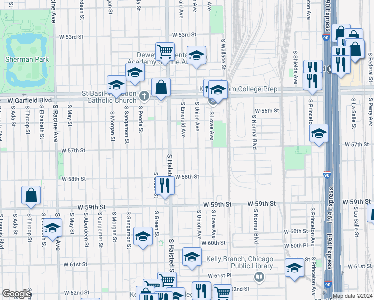 map of restaurants, bars, coffee shops, grocery stores, and more near 5717 South Emerald Avenue in Chicago