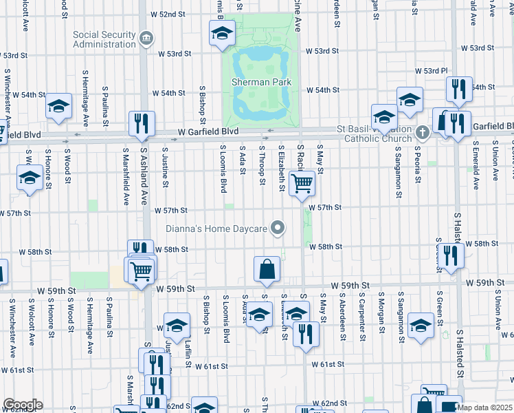 map of restaurants, bars, coffee shops, grocery stores, and more near 5715 South Throop Street in Chicago