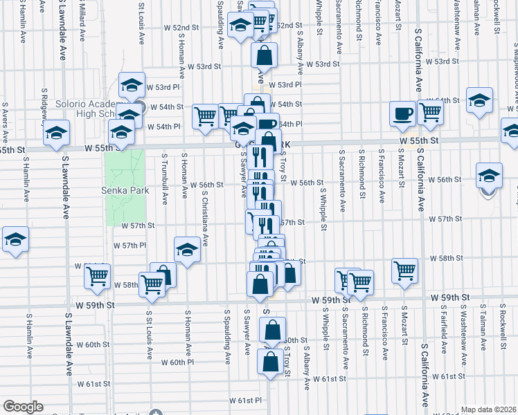 map of restaurants, bars, coffee shops, grocery stores, and more near 5636 South Kedzie Avenue in Chicago