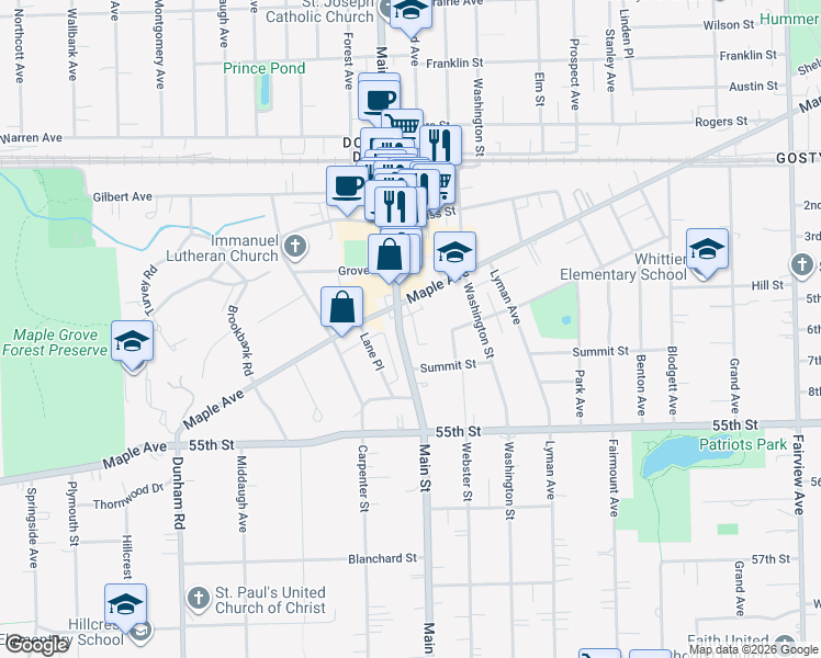 map of restaurants, bars, coffee shops, grocery stores, and more near 5337 Main Street in Downers Grove