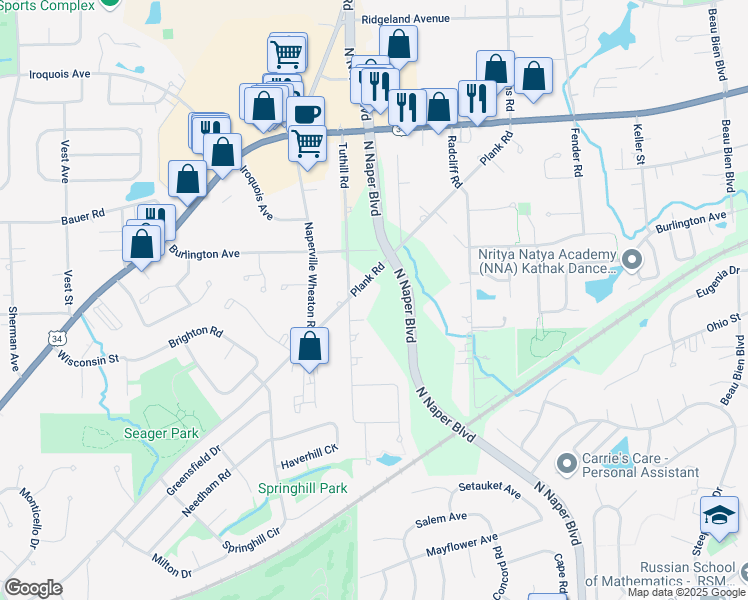 map of restaurants, bars, coffee shops, grocery stores, and more near 5S525 Tuthill Road in Naperville