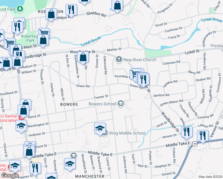 map of restaurants, bars, coffee shops, grocery stores, and more near 175 Princeton Street in Manchester