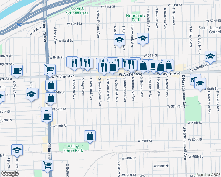 map of restaurants, bars, coffee shops, grocery stores, and more near 5606 South Oak Park Avenue in Chicago