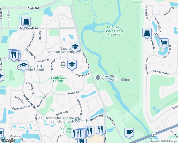 map of restaurants, bars, coffee shops, grocery stores, and more near 1160 Redfield Road in Naperville