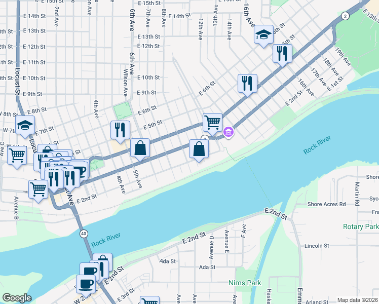 map of restaurants, bars, coffee shops, grocery stores, and more near 708 East 2nd Street in Sterling