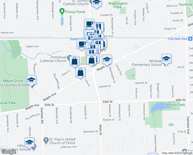 map of restaurants, bars, coffee shops, grocery stores, and more near 5337 Main Street in Downers Grove