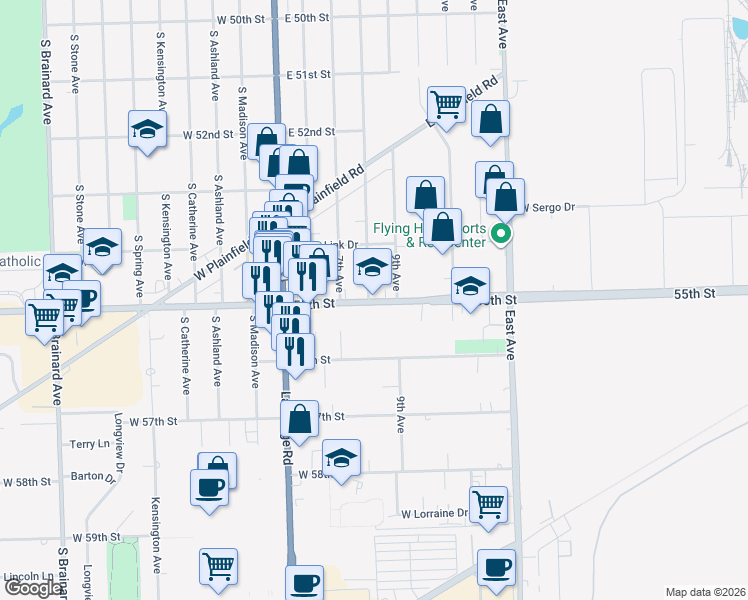 map of restaurants, bars, coffee shops, grocery stores, and more near in Countryside