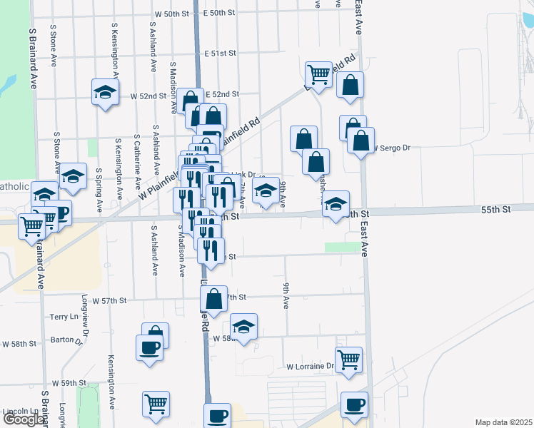 map of restaurants, bars, coffee shops, grocery stores, and more near in La Grange
