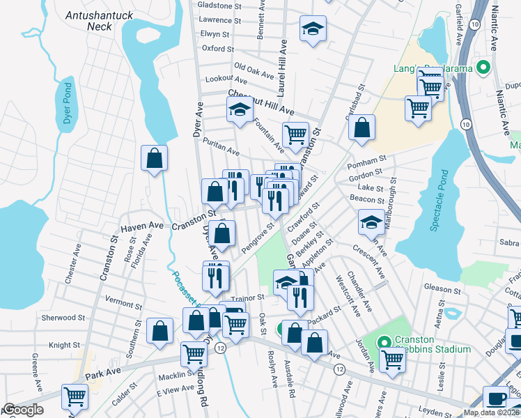 map of restaurants, bars, coffee shops, grocery stores, and more near 1302 Cranston Street in Cranston