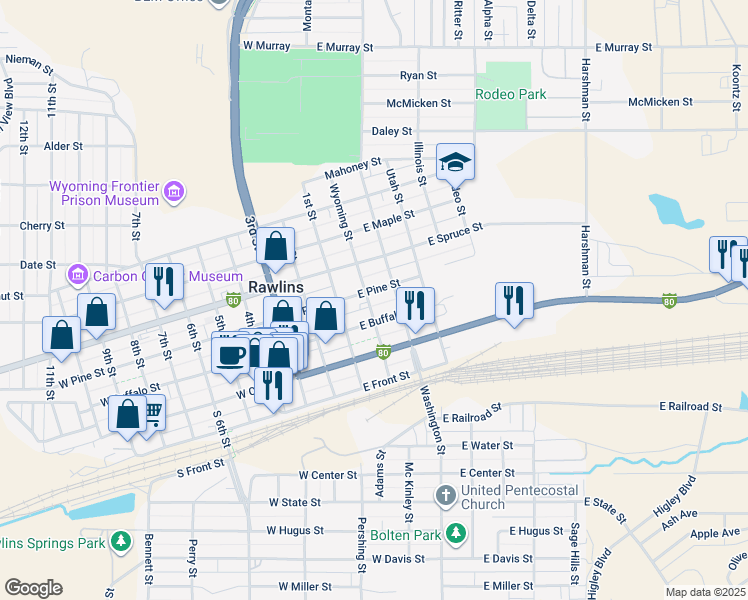 map of restaurants, bars, coffee shops, grocery stores, and more near 319 Wyoming Street in Rawlins