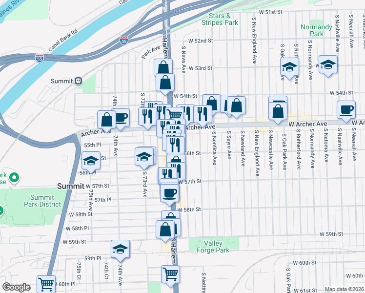 map of restaurants, bars, coffee shops, grocery stores, and more near 5542 South Neva Avenue in Chicago