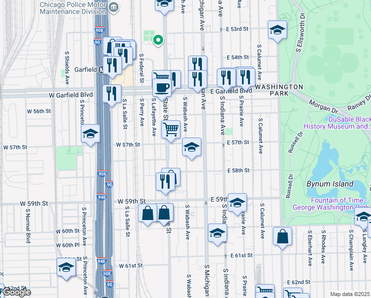 map of restaurants, bars, coffee shops, grocery stores, and more near 5714 South Wabash Avenue in Chicago