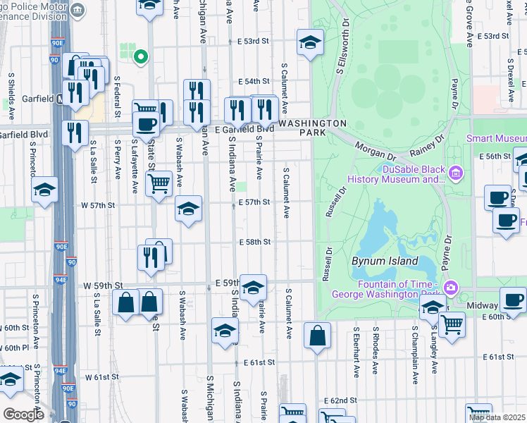 map of restaurants, bars, coffee shops, grocery stores, and more near 5736 South Prairie Avenue in Chicago