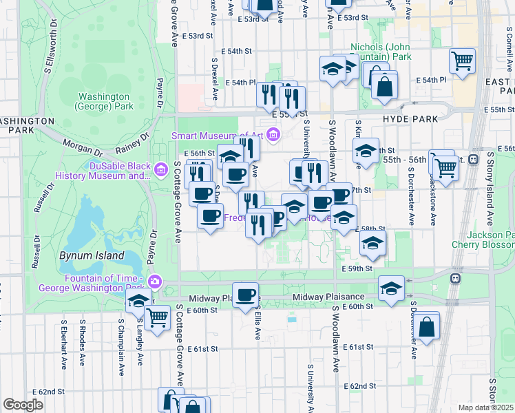 map of restaurants, bars, coffee shops, grocery stores, and more near 5735 South Ellis Avenue in Chicago