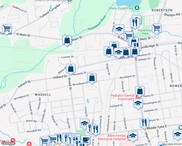 map of restaurants, bars, coffee shops, grocery stores, and more near 173 Woodland Street in Manchester