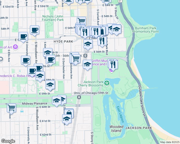 map of restaurants, bars, coffee shops, grocery stores, and more near 5740 South Stony Island Avenue in Chicago