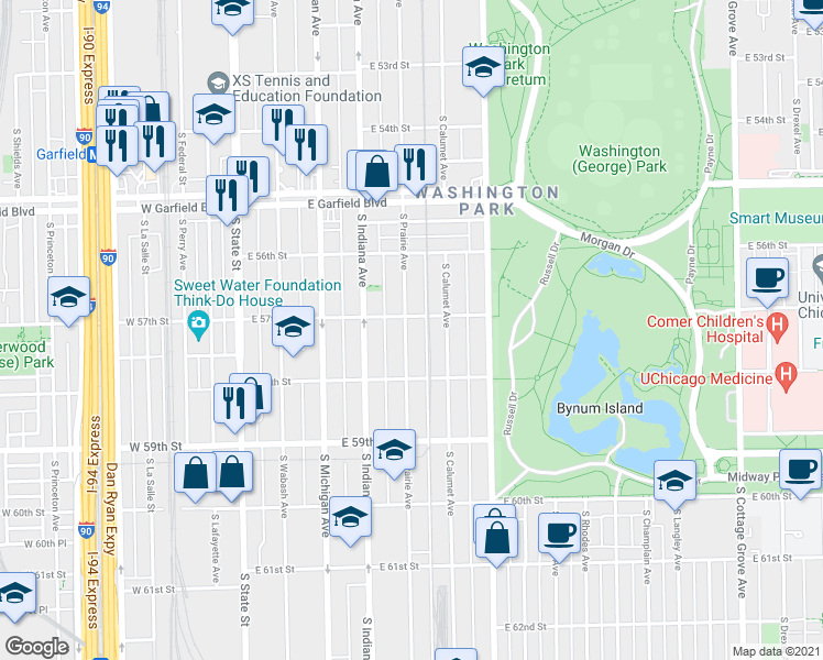 map of restaurants, bars, coffee shops, grocery stores, and more near 5736 South Prairie Avenue in Chicago