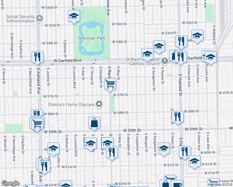 map of restaurants, bars, coffee shops, grocery stores, and more near 5716 South May Street in Chicago