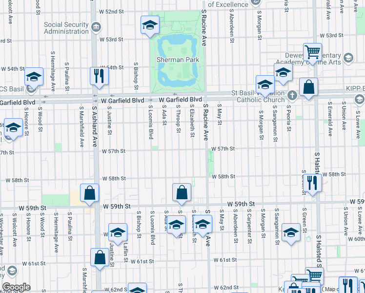 map of restaurants, bars, coffee shops, grocery stores, and more near 5715 South Throop Street in Chicago
