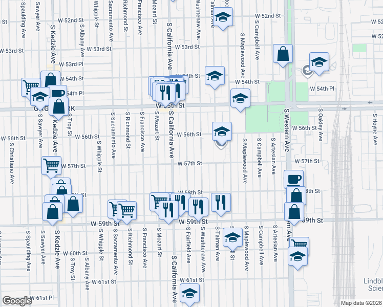 map of restaurants, bars, coffee shops, grocery stores, and more near 5700 South Washtenaw Avenue in Chicago