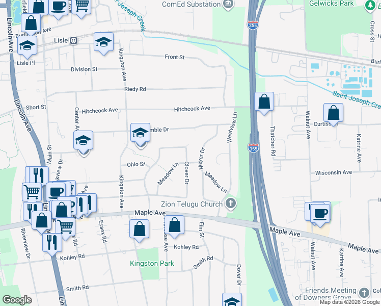 map of restaurants, bars, coffee shops, grocery stores, and more near 601 Meadow Lane in Lisle