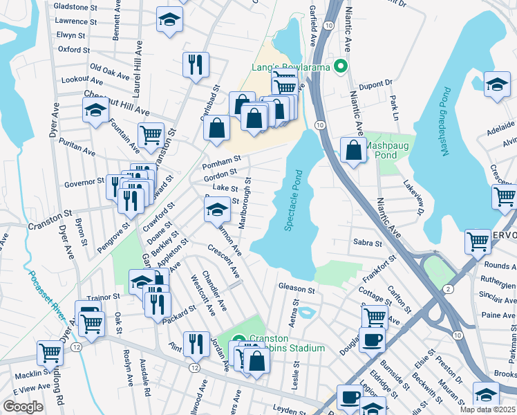 map of restaurants, bars, coffee shops, grocery stores, and more near 103 Beacon Street in Cranston