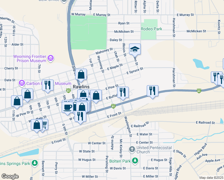 map of restaurants, bars, coffee shops, grocery stores, and more near 222 East Buffalo Street in Rawlins