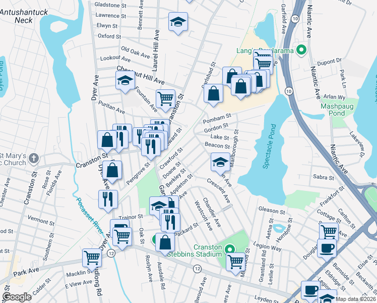 map of restaurants, bars, coffee shops, grocery stores, and more near 43 Berkley Street in Cranston