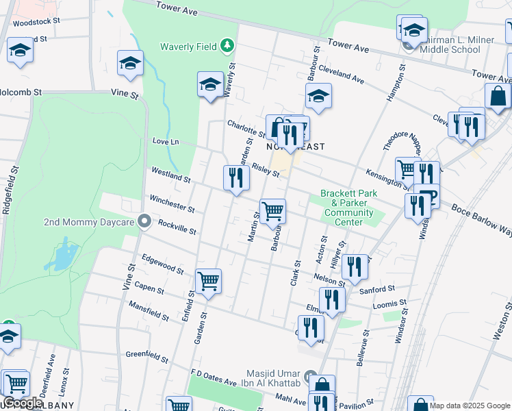 map of restaurants, bars, coffee shops, grocery stores, and more near in Hartford