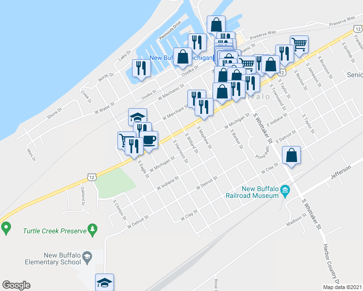 map of restaurants, bars, coffee shops, grocery stores, and more near 25 South Harrison Street in New Buffalo