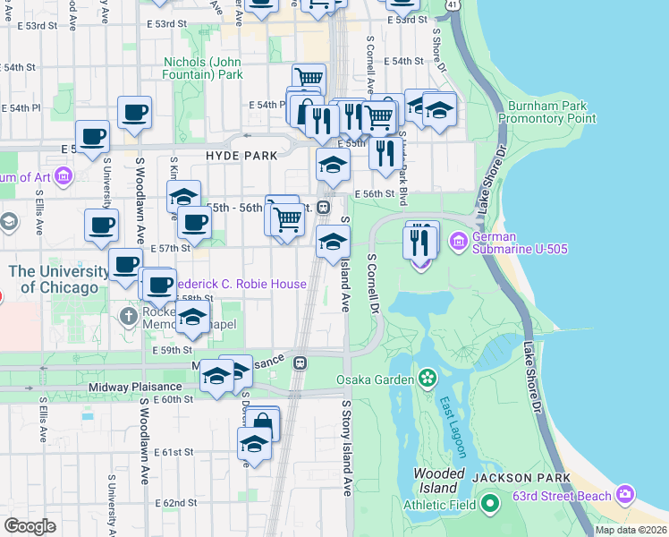 map of restaurants, bars, coffee shops, grocery stores, and more near 5740 South Stony Island Avenue in Chicago