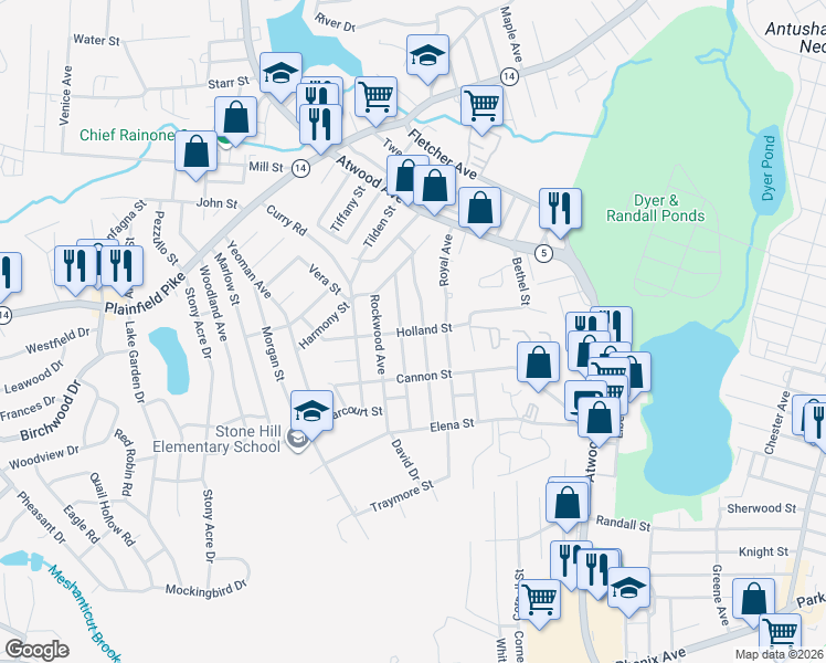 map of restaurants, bars, coffee shops, grocery stores, and more near 110 Holland Street in Cranston