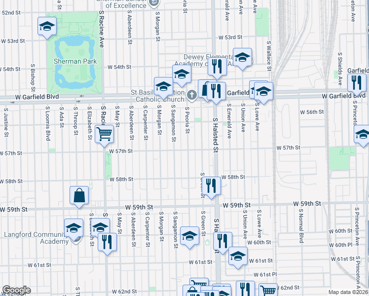 map of restaurants, bars, coffee shops, grocery stores, and more near 5658 South Peoria Street in Chicago
