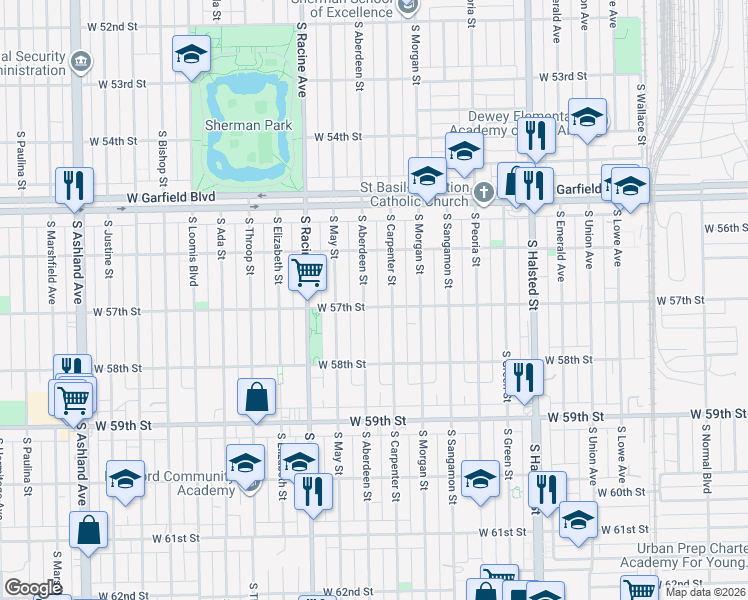 map of restaurants, bars, coffee shops, grocery stores, and more near 5628 South Aberdeen Street in Chicago