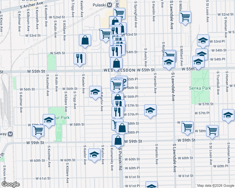 map of restaurants, bars, coffee shops, grocery stores, and more near 5618 South Pulaski Road in Chicago